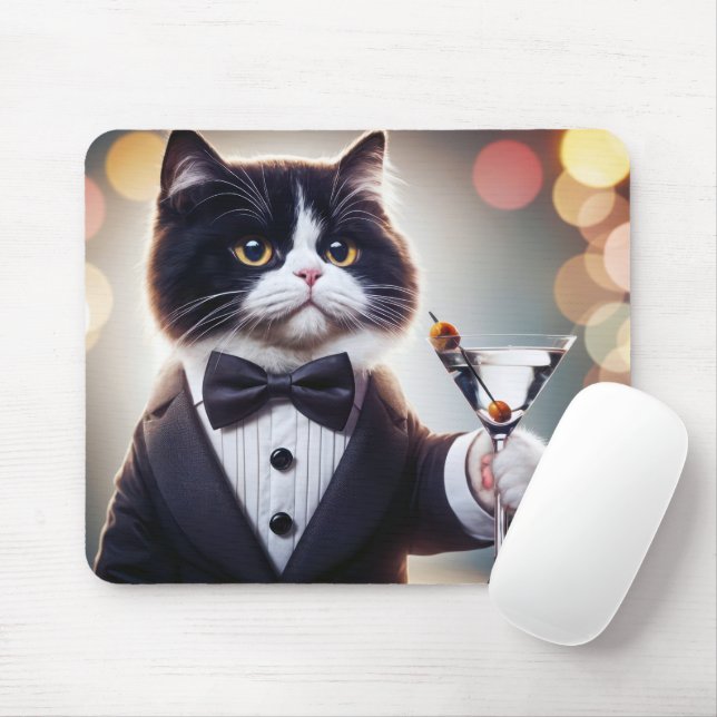 Mousepad Tuxedo Cat Com Cocktail Martini (Com mouse)