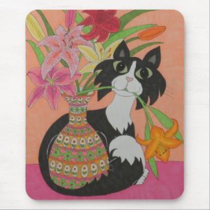 Mousepad Tuxedo Cat com lírios