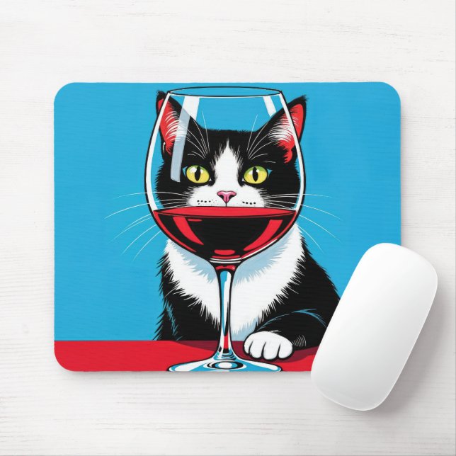 Mousepad Tuxedo Cat Staring Through a Wine Glass (Com mouse)