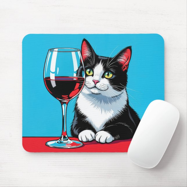 Mousepad Tuxedo Cat With Red Wine (Com mouse)