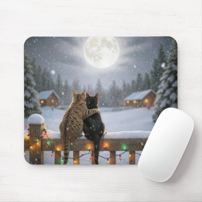 Mousepad Two Christmas Cats Snuggling on a Snowy Fence (Com mouse)