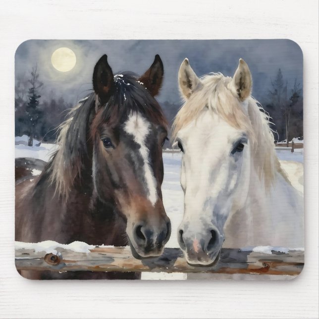 Mousepad Two Horses on a Snowy Farm Under the Moon (Frente)