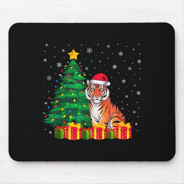 Mousepad Ugly Bengal Tiger Santa Hat Christmas Tree Lights  (Frente)
