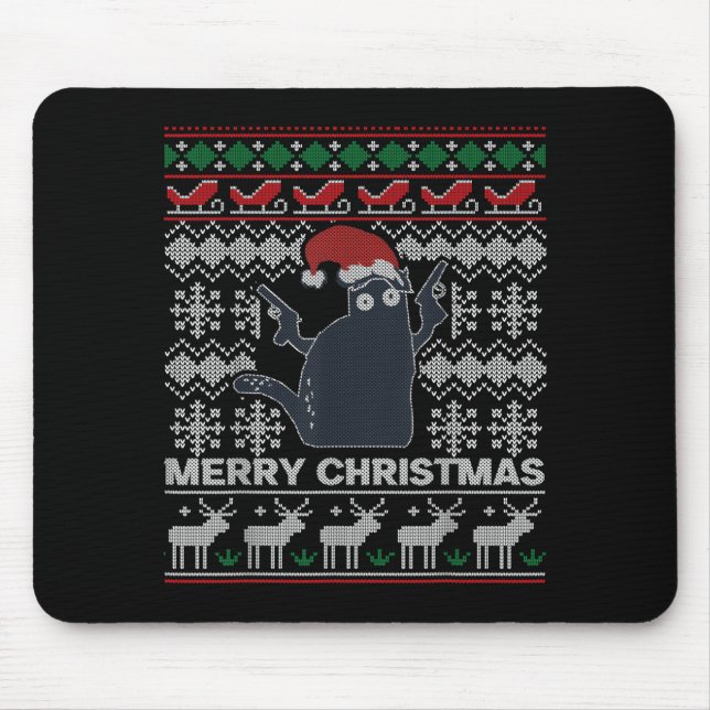 Mousepad Ugly Christmas Black Cat Merry Christmas Gift  (Frente)