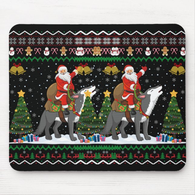 Mousepad Ugly Wolf Xmas Gift Santa Riding Wolf Christmas T  (Frente)