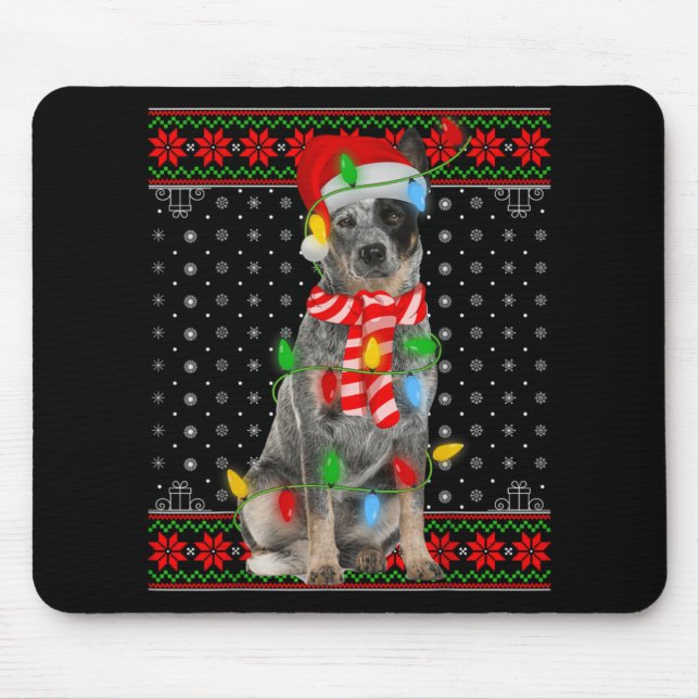 Mousepad Ugly Xmas Dog Lights Santa Hat Blue Heeler Dog Chr (Frente)