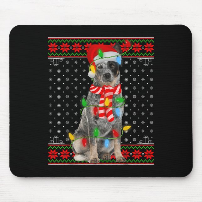 Mousepad Ugly Xmas Dog Lights Santa Hat Blue Heeler Dog Chr (Frente)