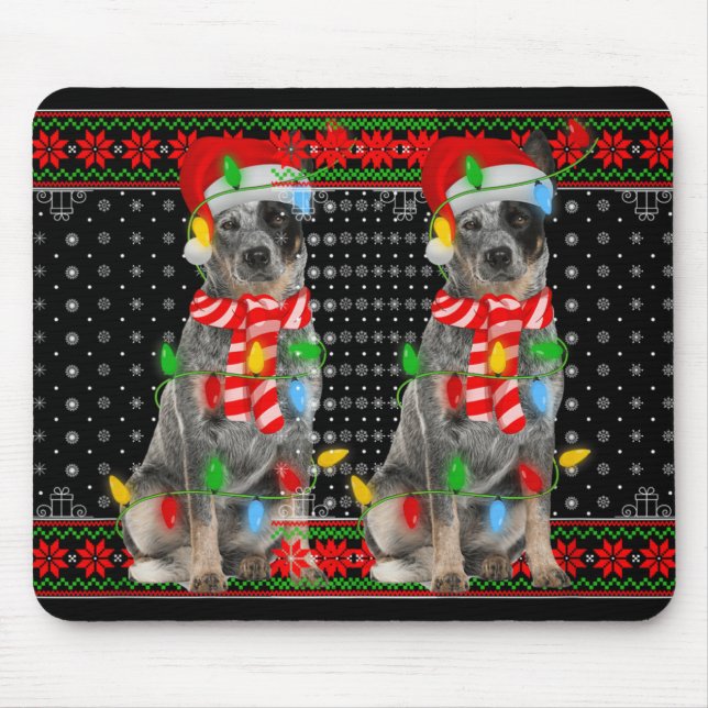 Mousepad Ugly Xmas Dog Lights Santa Hat Blue Heeler Dog Chr (Frente)