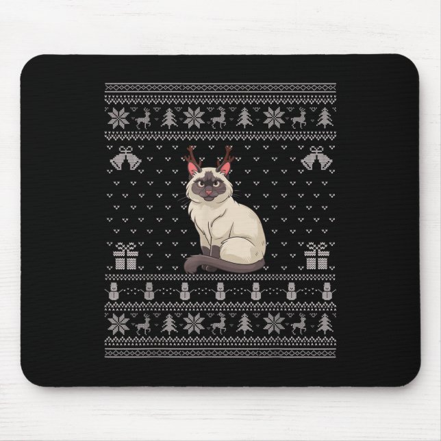 Mousepad Ugly Xmas Sweater Style Siamese Cat Reindeer Chris (Frente)