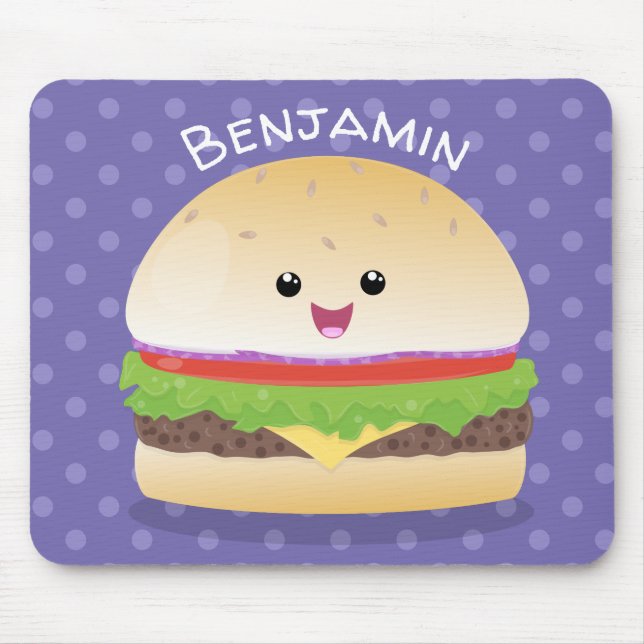 Mousepad Um bonito e feliz desenho animado do hambúrguer ka (Frente)