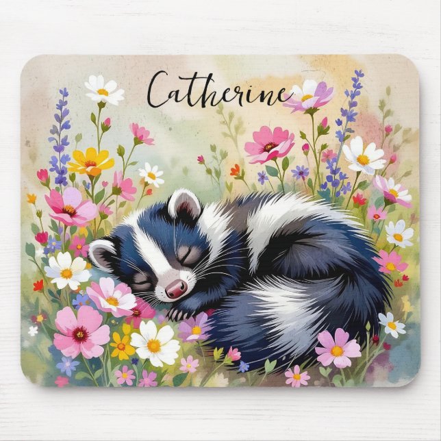 Mousepad Um Gambá Adorável Dormindo em Flores Personalizado (Frente)