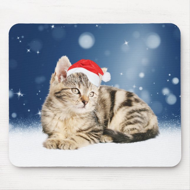 Mousepad Um gato bonito vestindo o Papai Noel vermelho e a  (Frente)