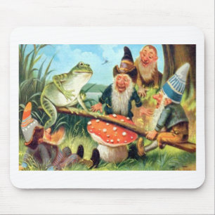 Mousepad Um Gnomo e Sapo em uma praia de cogumelo