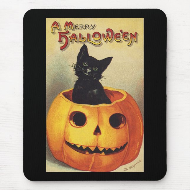 Mousepad Um Halloween de Feliz por Ellen Clapsaddle, Gato d (Frente)