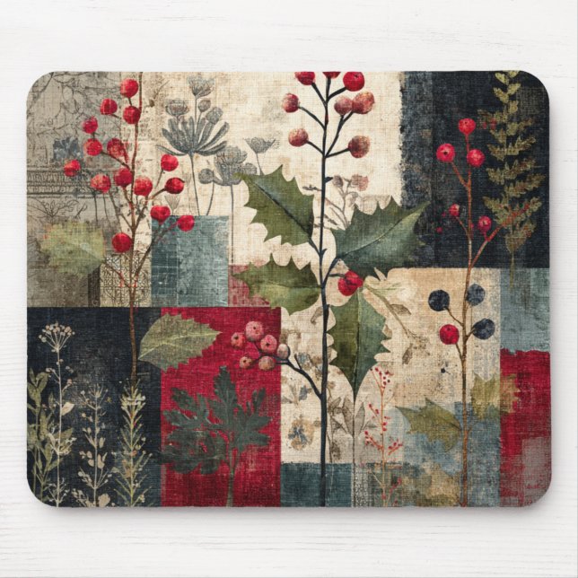 Mousepad Um Patchwork Rústico de Inverno com Folhas de Azev (Frente)