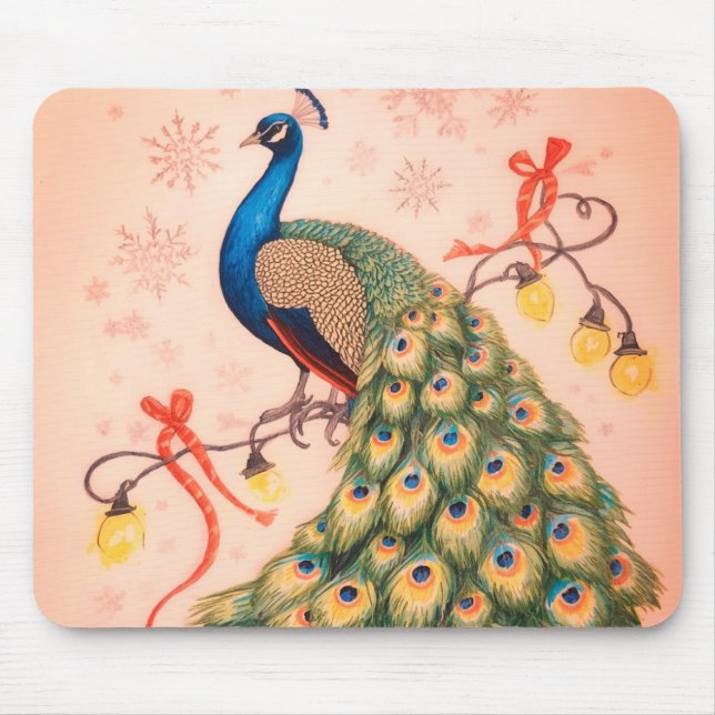 Mousepad Um Pavão de Natal Sentado Lindamente em um Grosso (Frente)