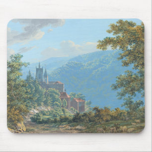 Mousepad Uma fortaleza numa paisagem de montanha no nascer
