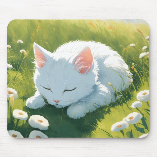Mousepad Uma imagem de um gatinho branco dormindo (Frente)