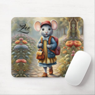 Mousepad Uma menina de rato bonita a caminho da escola, per