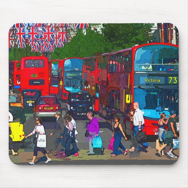 Mousepad Uma movimentada Oxford Street com compradores e ôn (Frente)