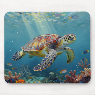Mousepad Uma Tartaruga Marinha e Raios de Sol no Oceano Azu