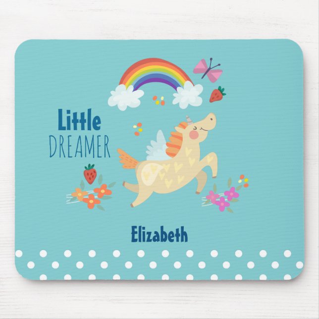 Mousepad Unicorn Rainbow Clouds and Flowers Little Dreamer (Frente)