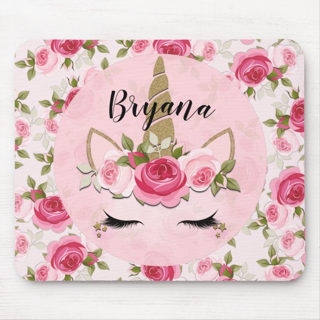 Mousepad Unicórnio Dourado Rosas Florais Rosa Fofo Moderno (Frente)
