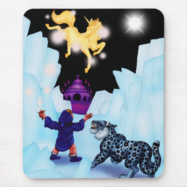 Mousepad Unicórnio, rapaz divino da liberdade, neve, leopar (Frente)