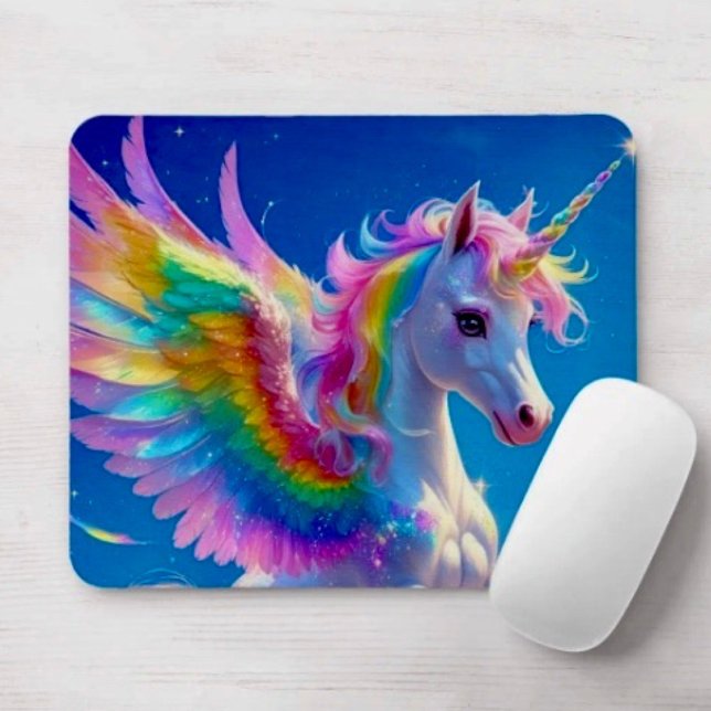 Mousepad Unicórnio Saltitante com Asas de Arco-íris (Mousepad durable dust and stain resistant non -slip rubber backing. D: 9.25" L x 7.75"W. 
)