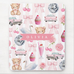 Mousepad Urso de Pelúcia Fofo Retro Coquete Rosa Personaliz