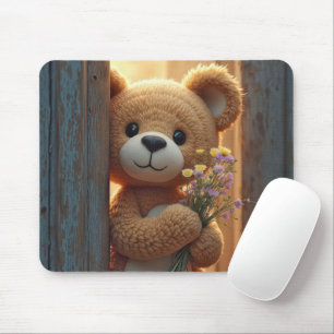 Mousepad Urso de pelúcia marrom segurando um buquê de flore