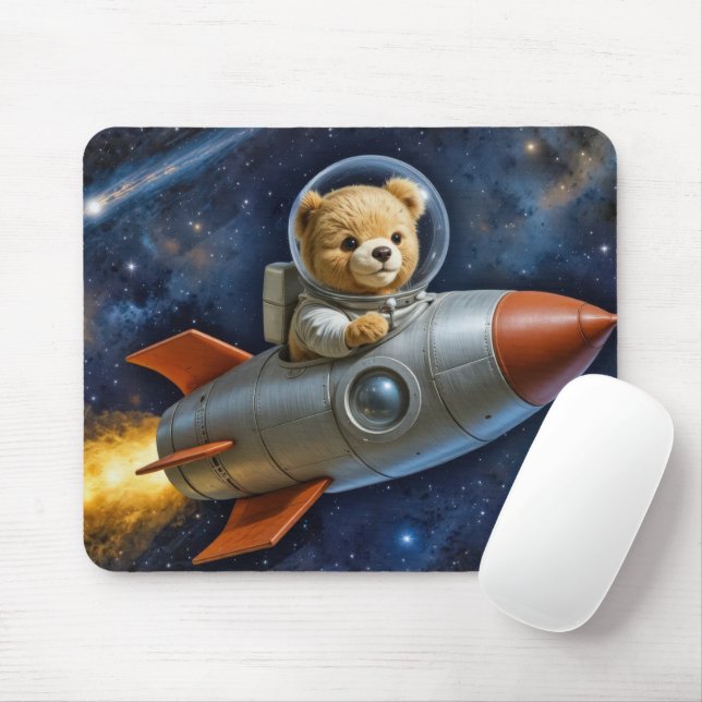 Mousepad Urso de Pelúcia Voando em uma Nave Espacial (Com mouse)