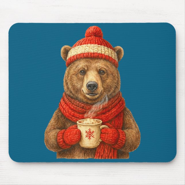 Mousepad Urso Fofo Com Chapéu De Papai Noel Amante De Café  (Frente)