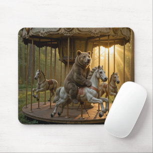 Mousepad Urso montado em um cavalo de carrossel na floresta