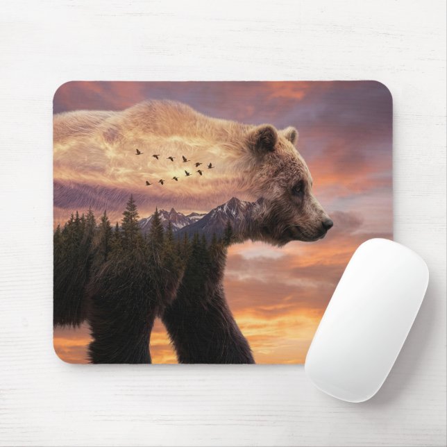 Mousepad Urso Pardo e Montanhas Dupla Exposição (Com mouse)