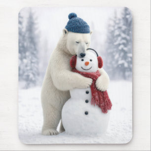 Mousepad Urso Polar Abraçando um Boneco de Neve