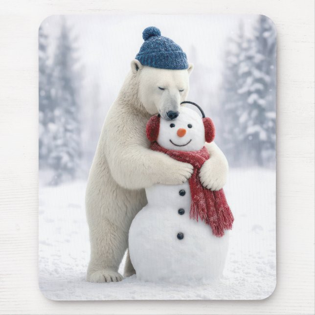 Mousepad Urso Polar Abraçando um Boneco de Neve (Frente)