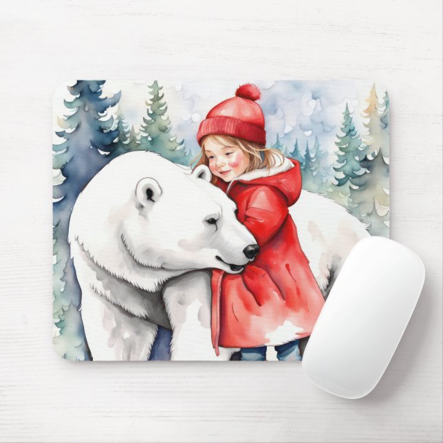 Mousepad Urso Polar De Aquarela Com Rapariga (Com mouse)