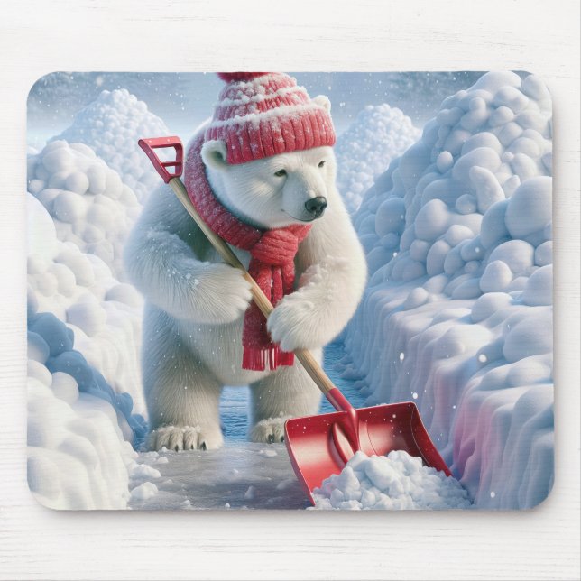 Mousepad Urso Polar De Natal Com Pá Vermelho (Frente)