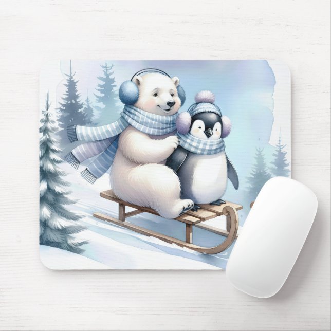 Mousepad Urso Polar e Pinguim em um Sled (Com mouse)