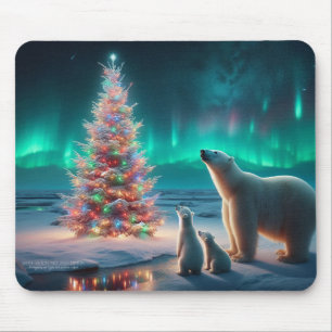 Mousepad Urso Polar Mãe Cubs Árvore De Natal Aurora Boreali