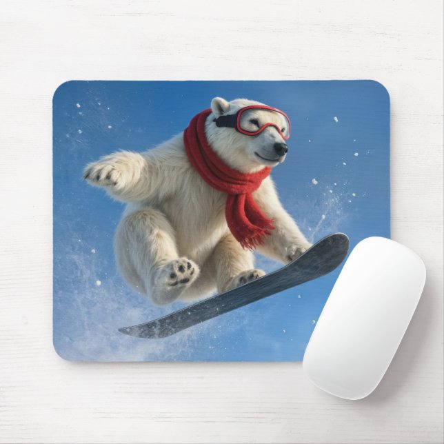Mousepad Urso Polar no Ar em uma Snowboard (Com mouse)