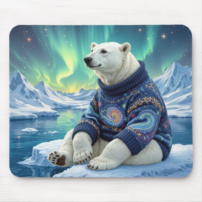 Mousepad Urso Polar Sentado Sob Luzes do Norte (Frente)
