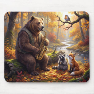 Mousepad Urso Tocando Saxofone na Floresta de Outono