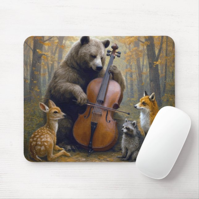 Mousepad Urso Tocando Violoncelo em Bosque de Outono (Com mouse)