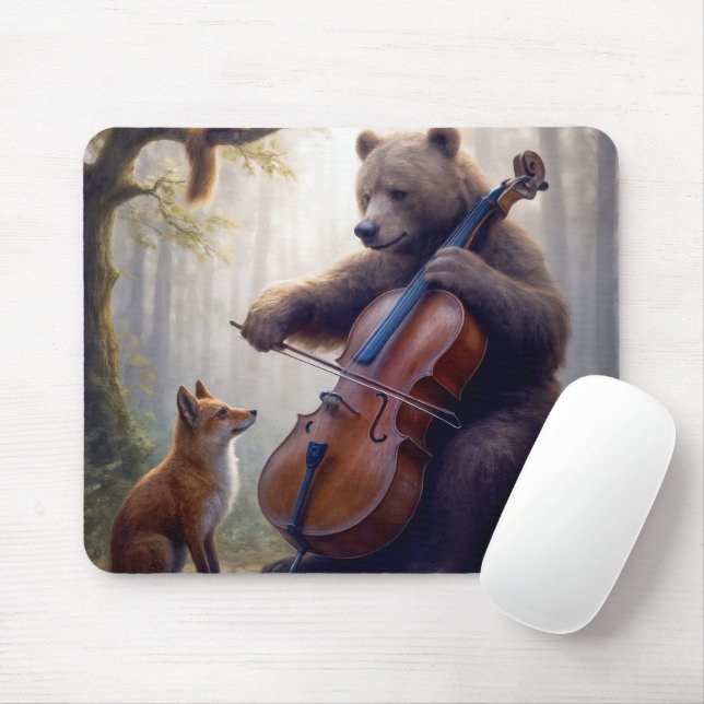 Mousepad Urso Tocando Violoncelo em uma Floresta Nebulosa (Com mouse)