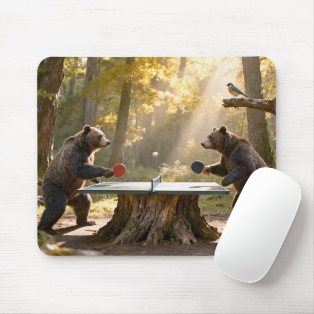Mousepad Ursos Jogando Ping Pong em uma Floresta (Com mouse)