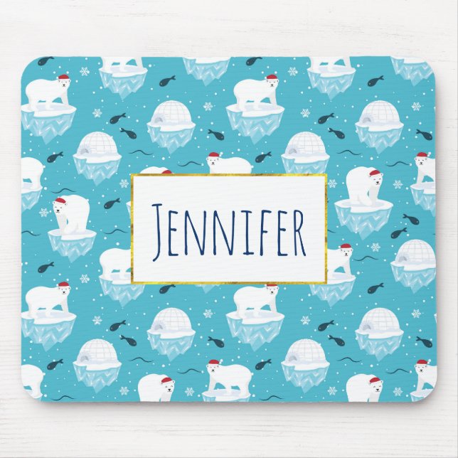Mousepad Ursos Polares Bonitos em Santa Hats, Padrão de Nat (Frente)
