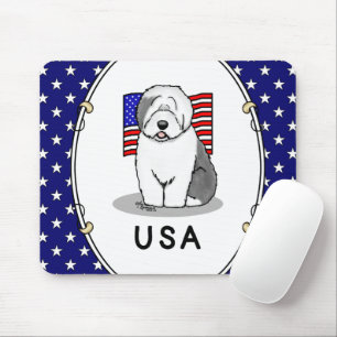 Mousepad US American Flag Old English Sheepdog (Cinza 1)
