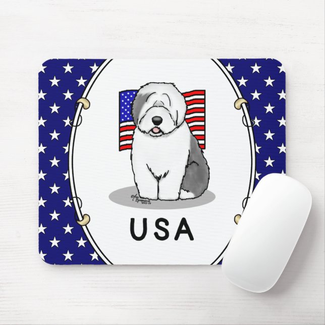 Mousepad US American Flag Old English Sheepdog (Cinza 1) (Com mouse)